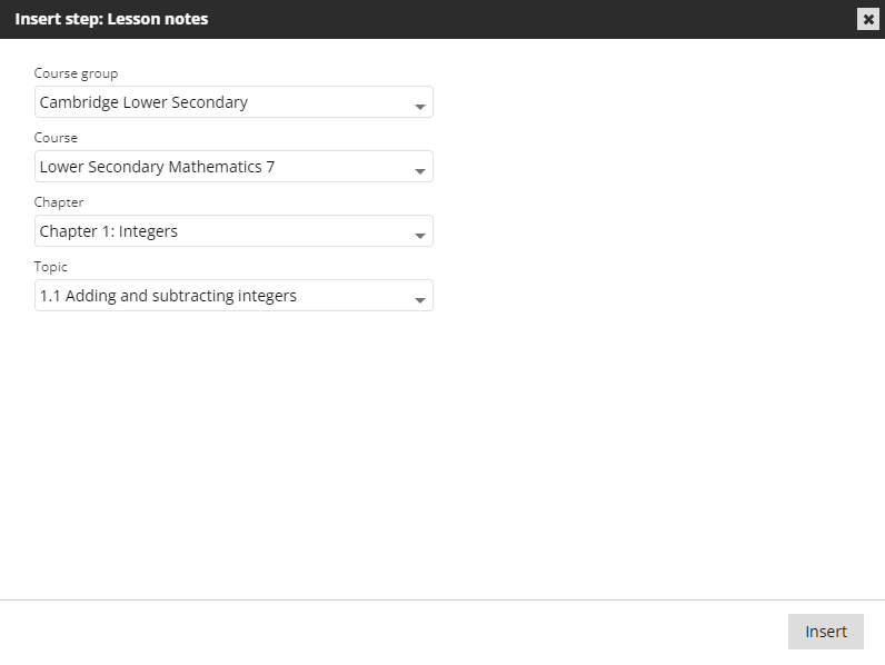screenshot of options for lesson notes