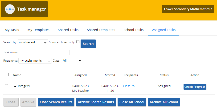 screenshot of task manage with test selected