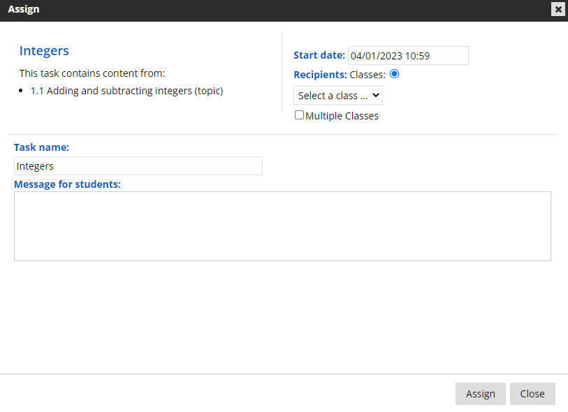 screenshot of options for the assignment