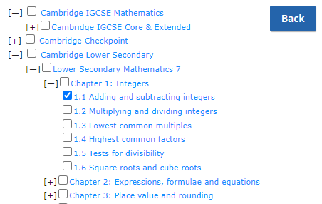 Screenshot of test questions selection screen