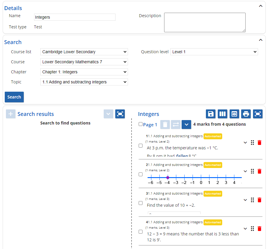 Screenshot of test creation wizard after selecting questions