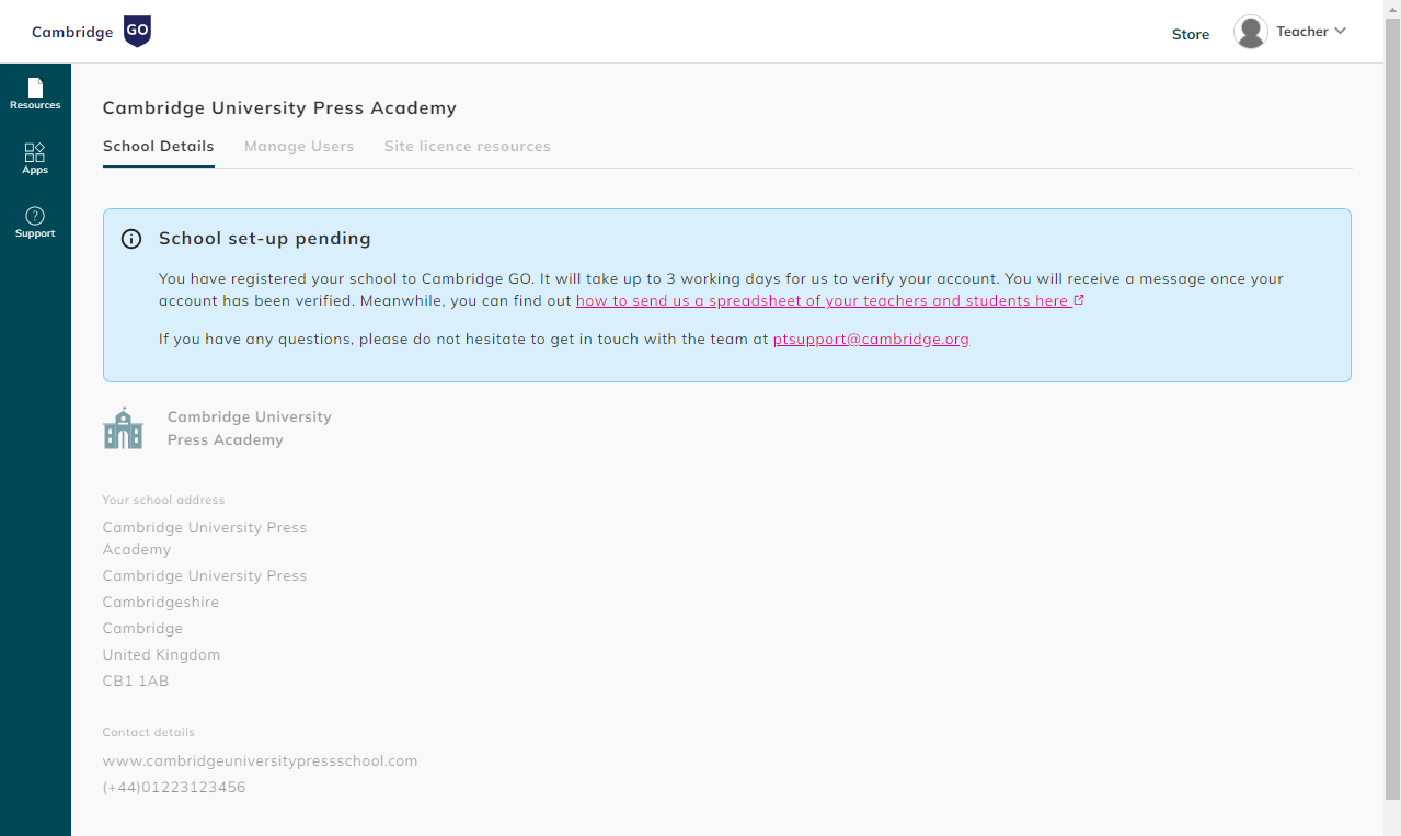screenshot showing school admin account when the school is still pending approval 