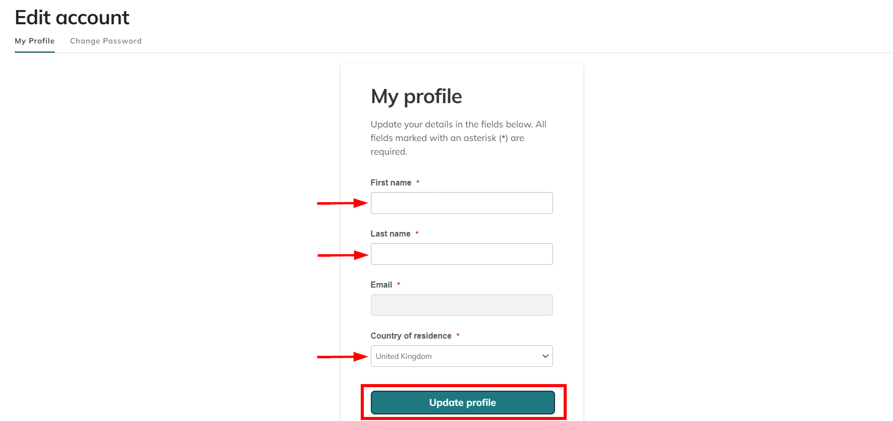 screenshot pointing to first name, last name and country of residence as these are editable from the my profile section