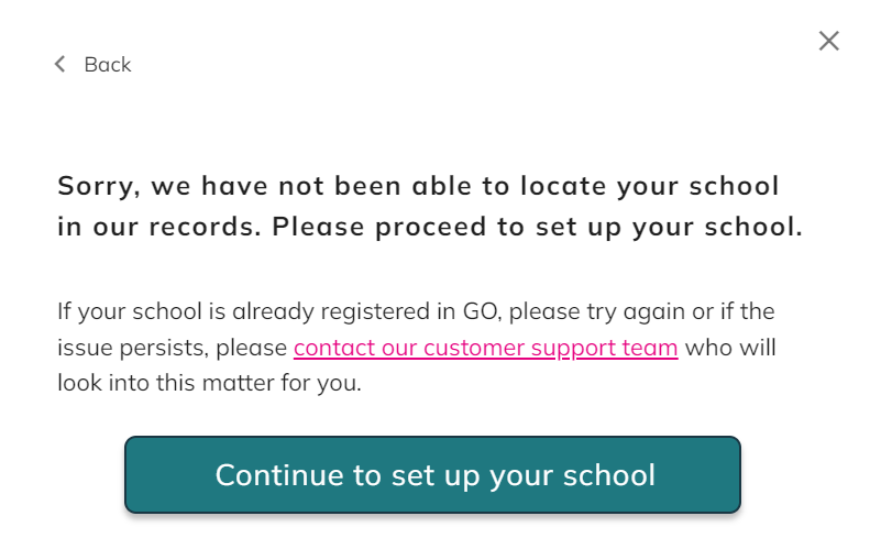 Screenshot displaying messsage that appears when school can not be found by searching