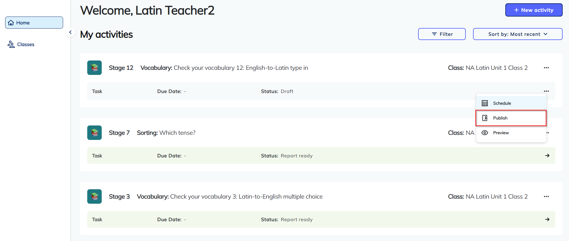 image of Language activities schedule activity - draft publish