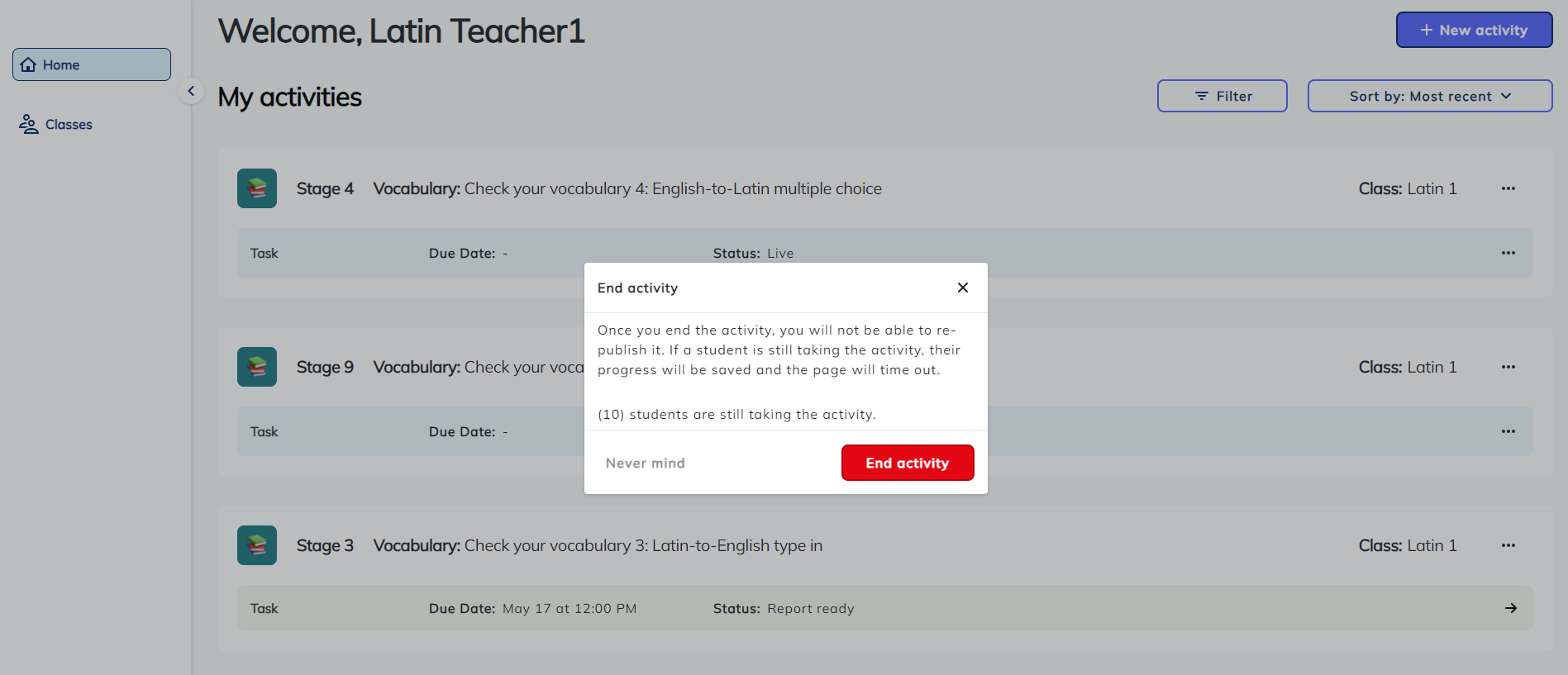 screenshot Language activities end activity warning