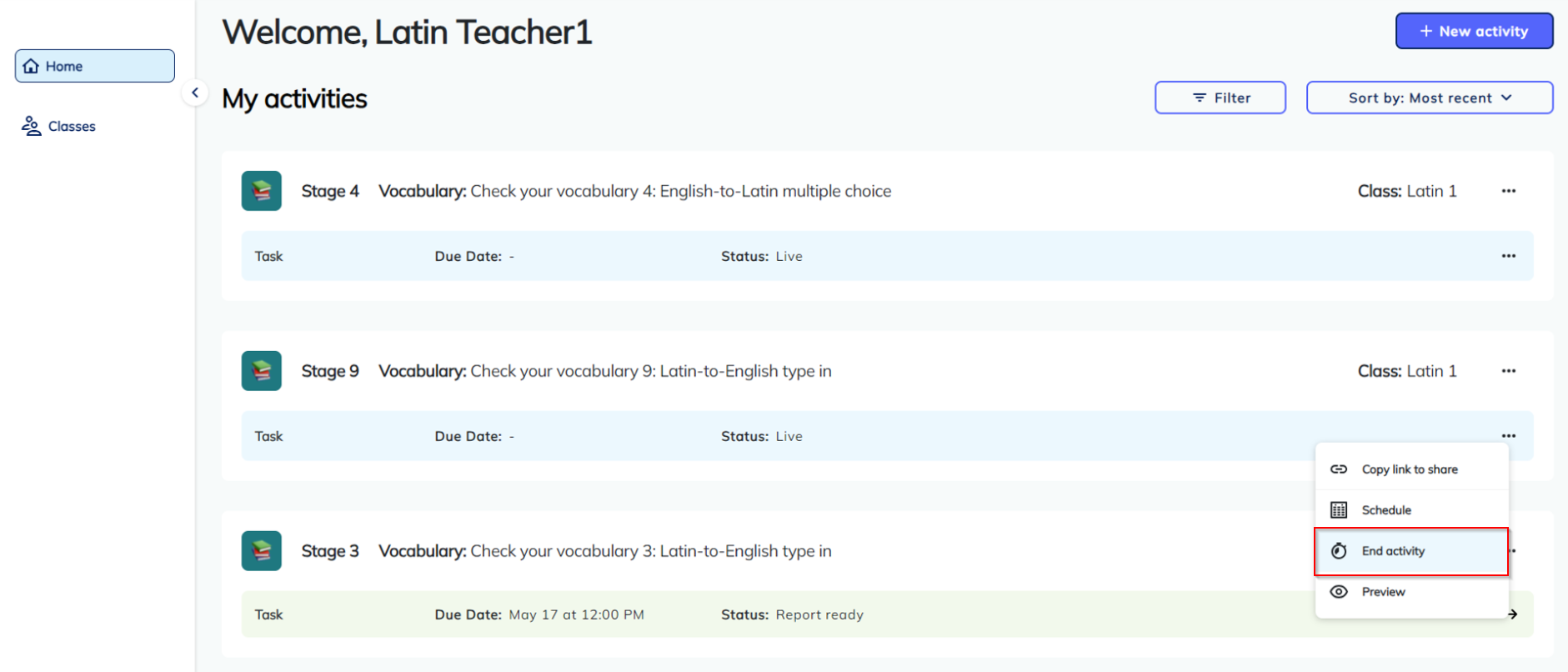 screenshot of Language activities end activity