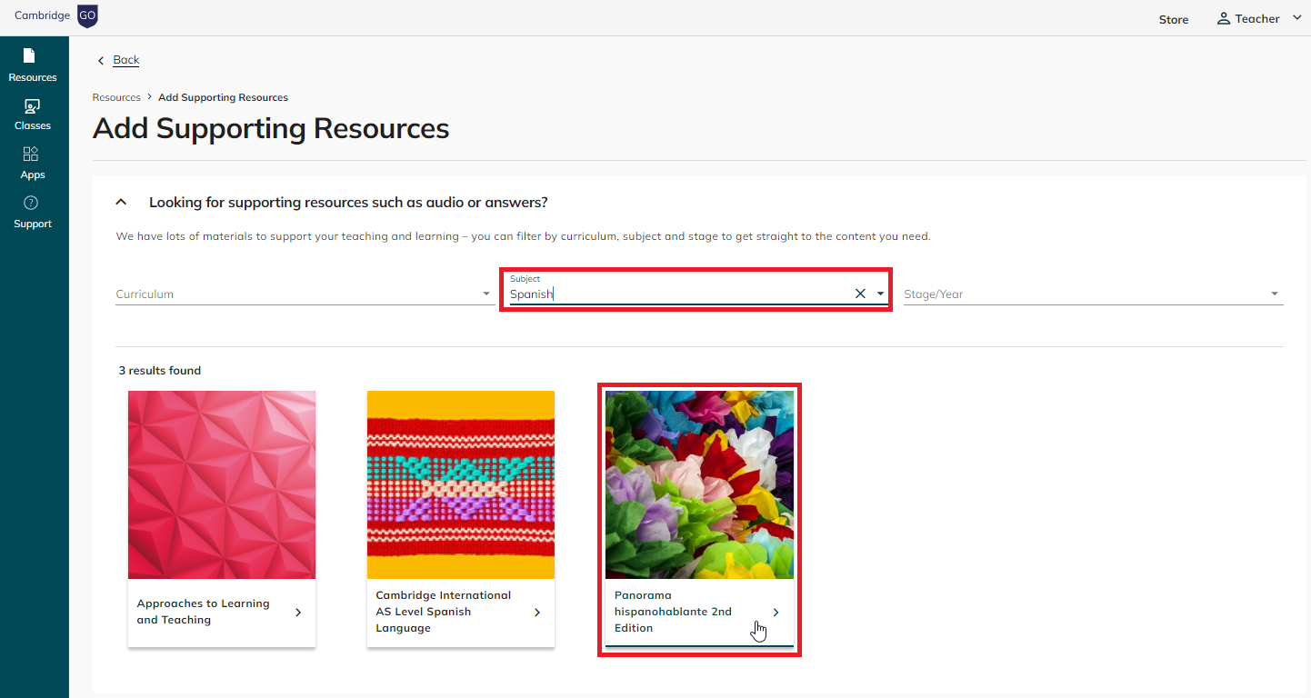 screenshot highlighting spanish resources