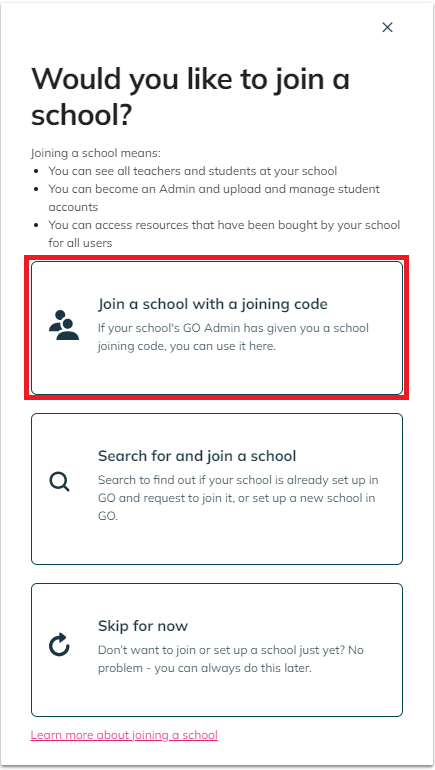 Screenshot highlighting Joining a school with a joining code option