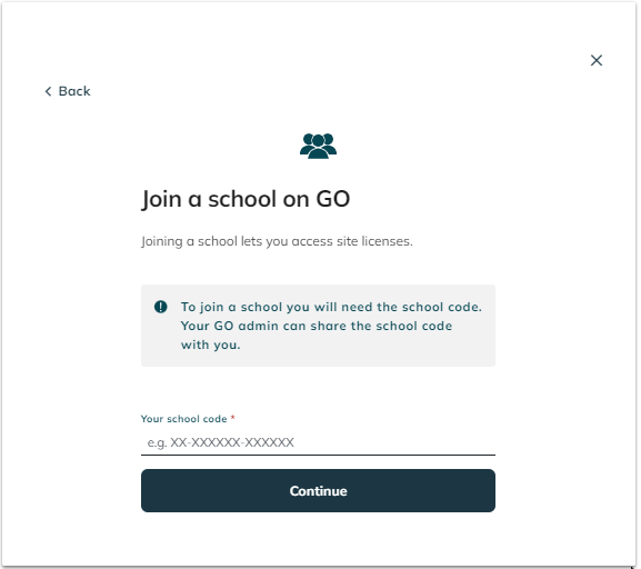 screenshot showing the joining school entry page