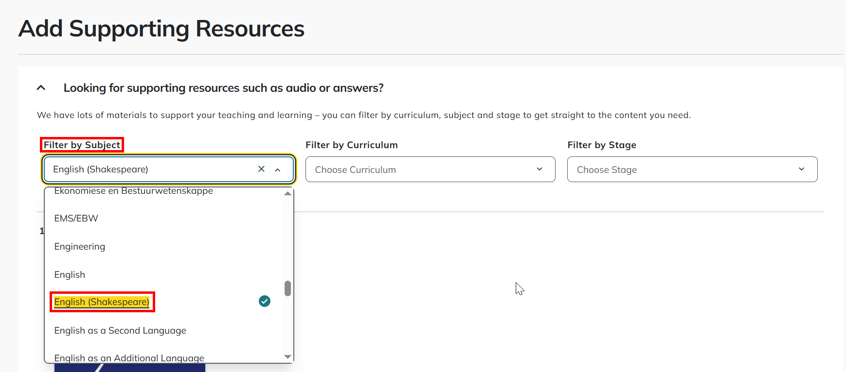 Supporting Resources search with Filter English (Shakespeare)