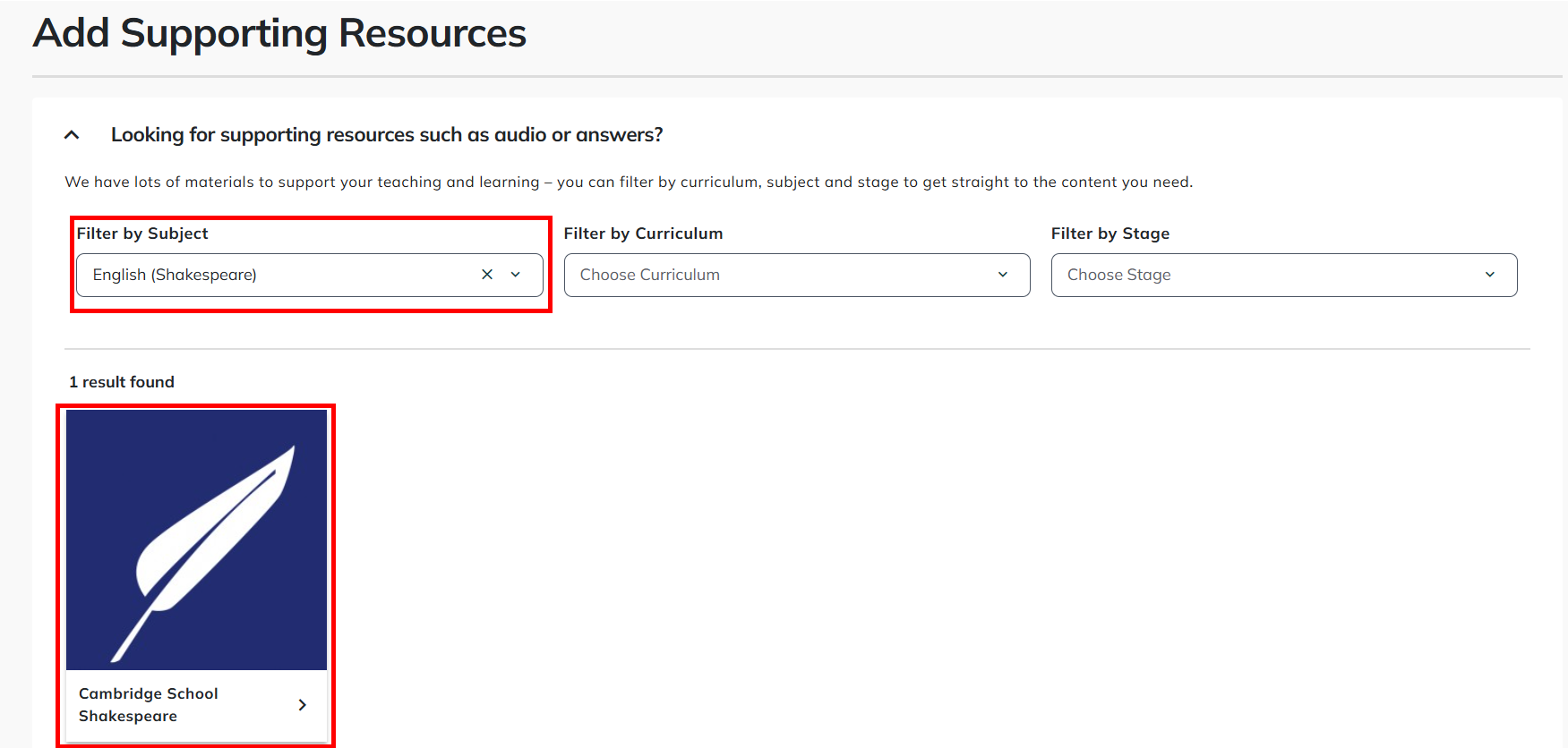 Cambridge School Shakespeare Resource in Supporting Resources screen