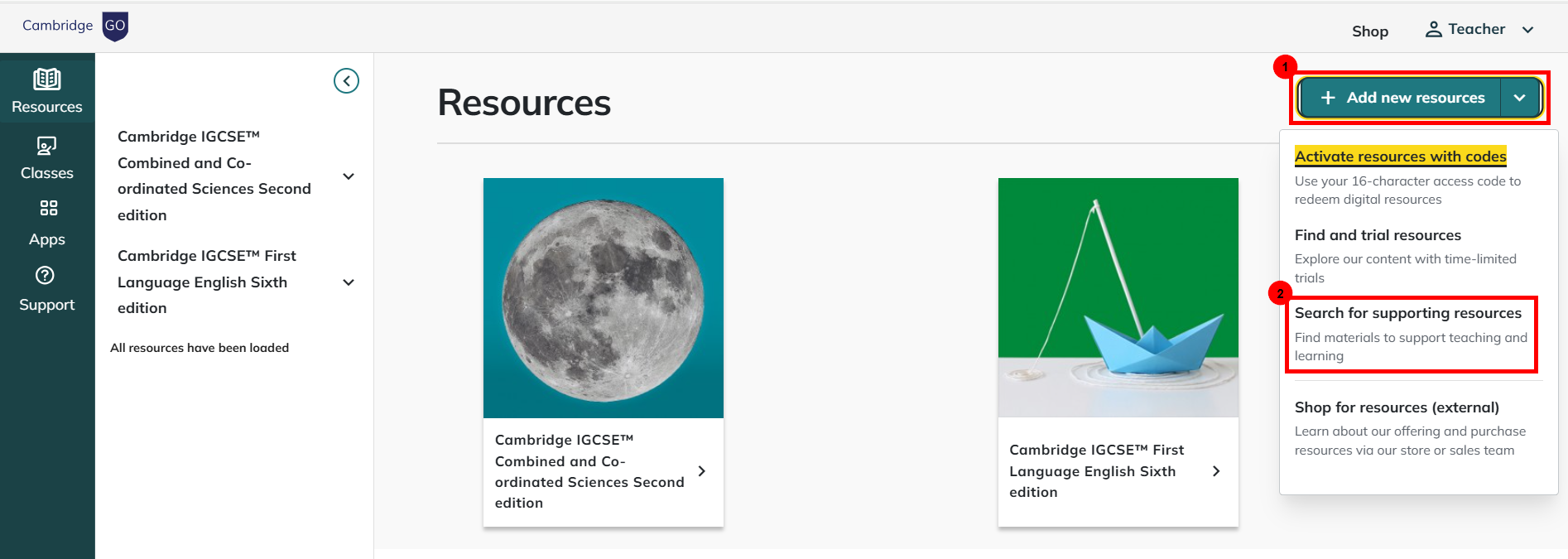 Resource Screen showing Search for supporting resources button