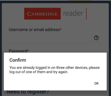 Cambridge Reader App logged into too many devices