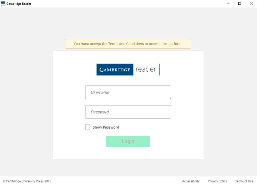 Cambridge Reader App Terms of Use not accepted yet screen