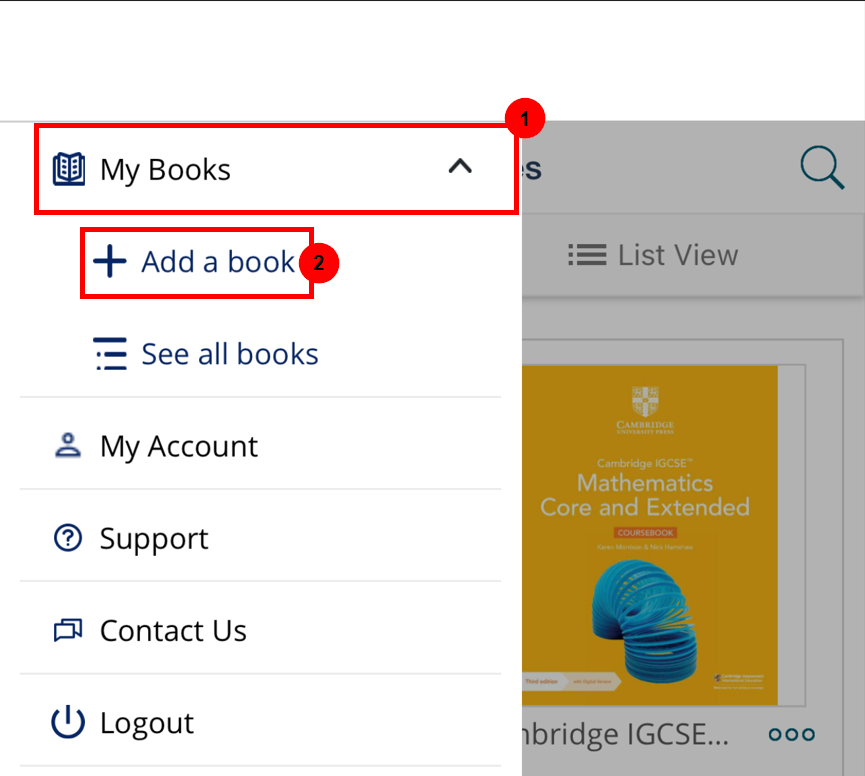 screenshot of Cambridge Reader App Add books option