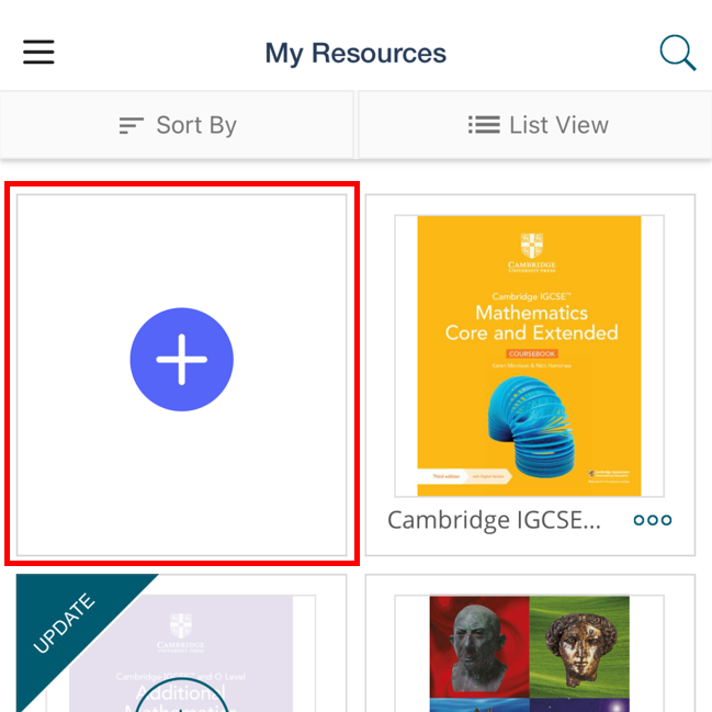 screenshot of Cambridge Reader App Add books plus button