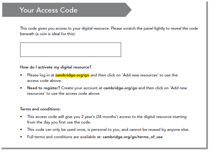 image of Access code print in book
