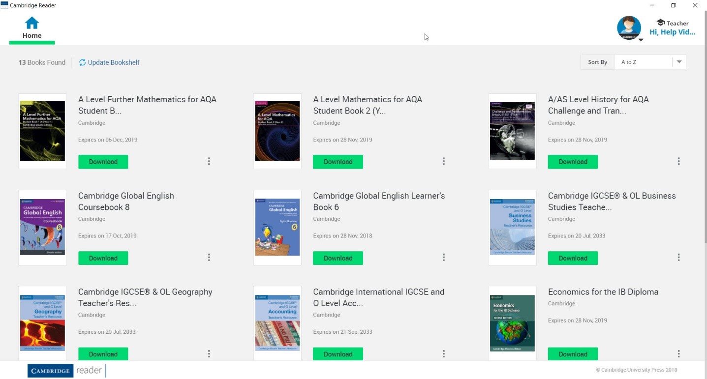 Cambridge Reader Desktop Resource Screen