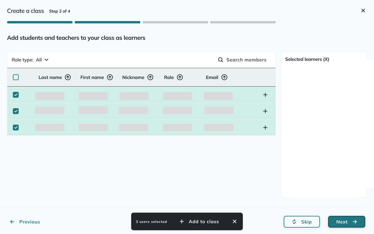 screen shot of GO classes add learners step 2