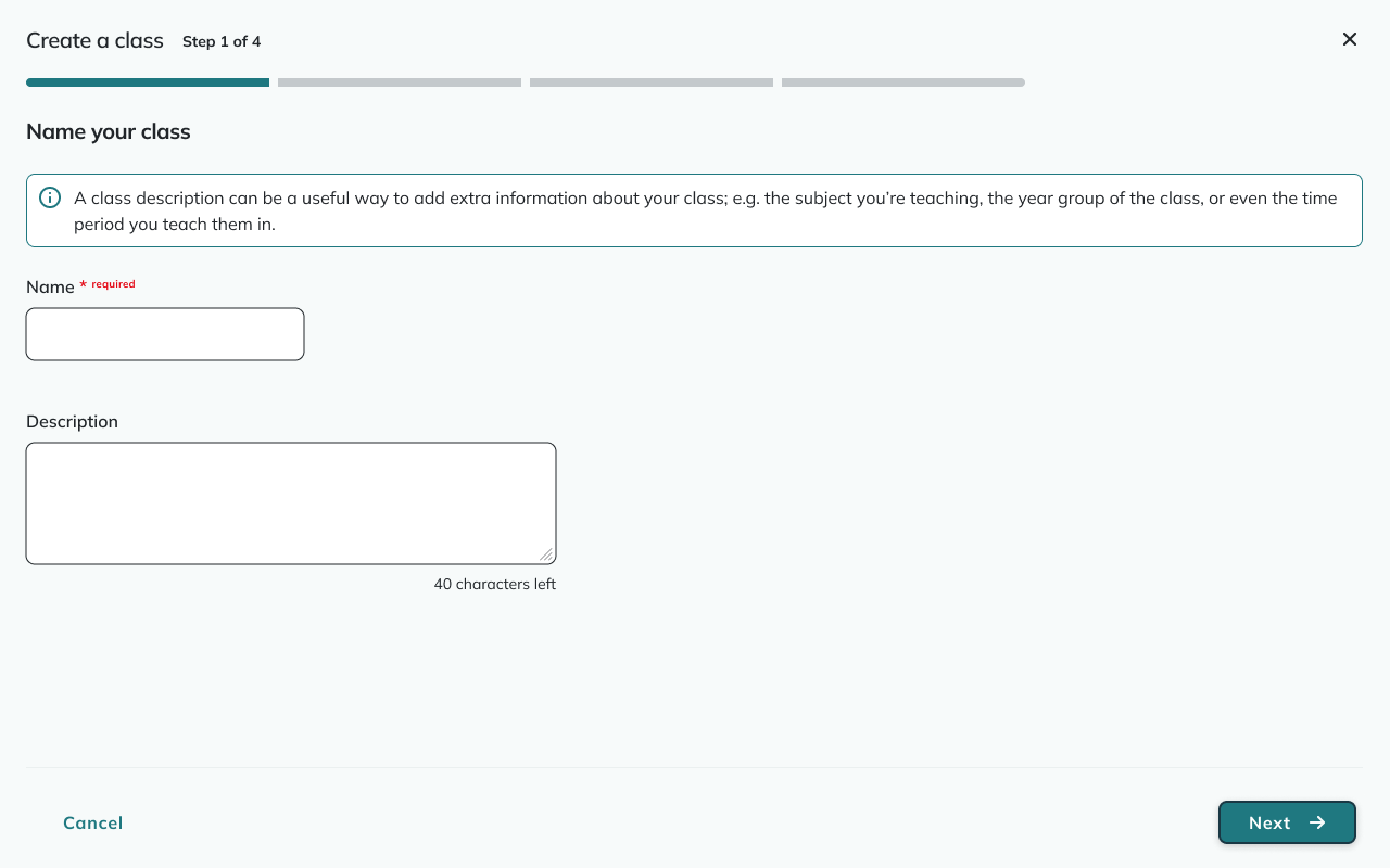 Screenshot of create a class, Initial information entry
