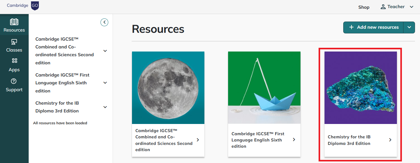 Screenshot highlighting new resources added