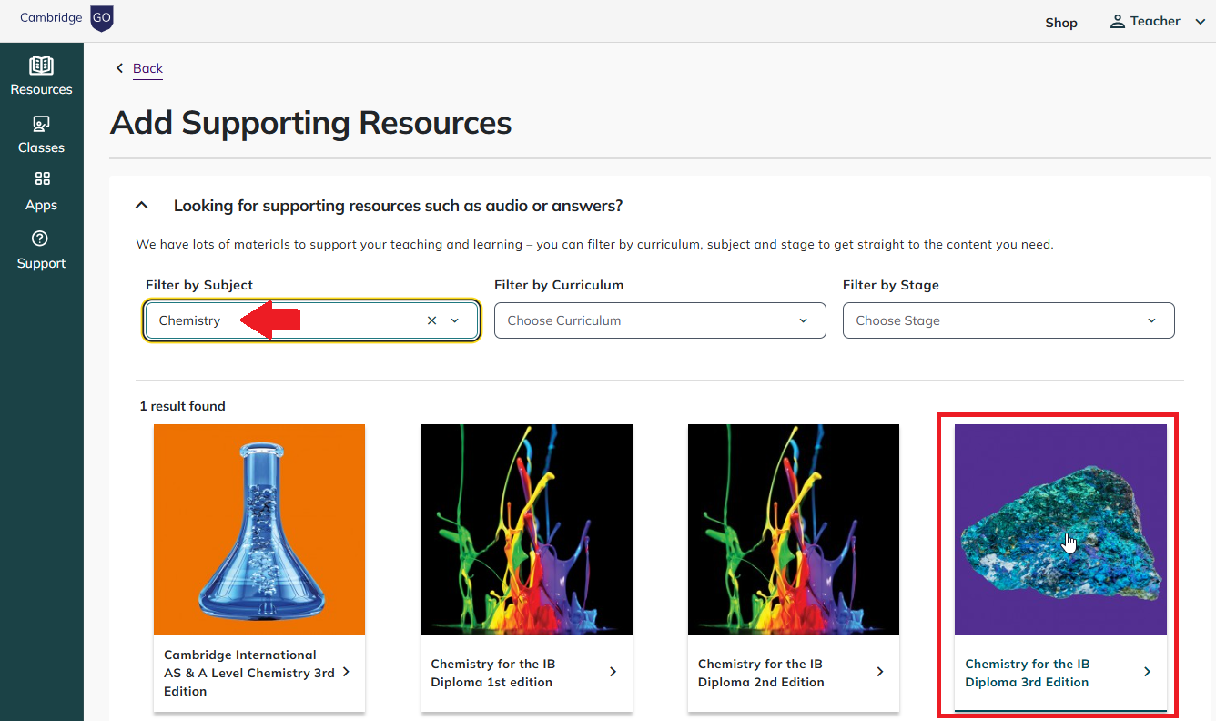 screenshot of adding chemistry resources