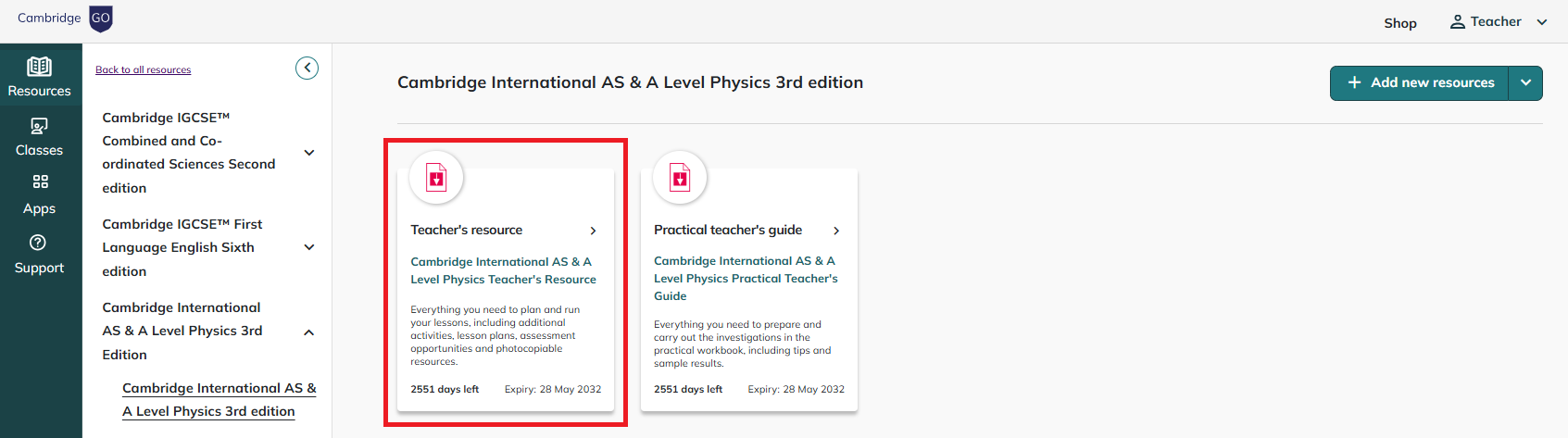 Screenshot showing Teachers resource materials