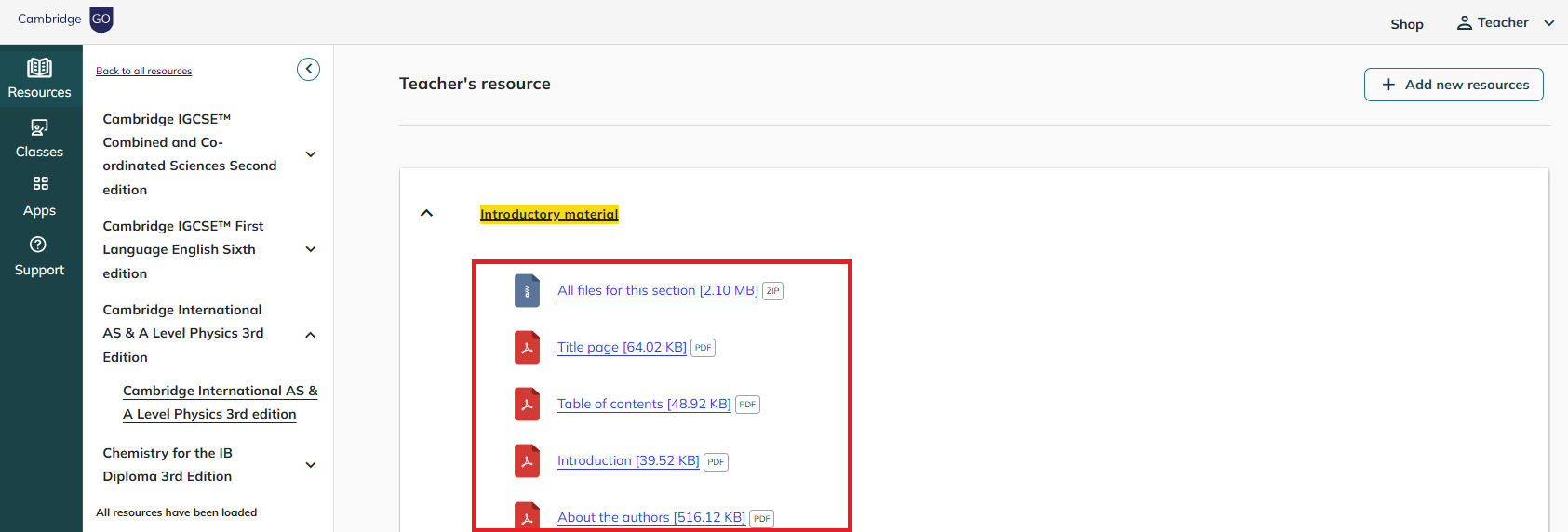 Screenshot showing downloadable resources