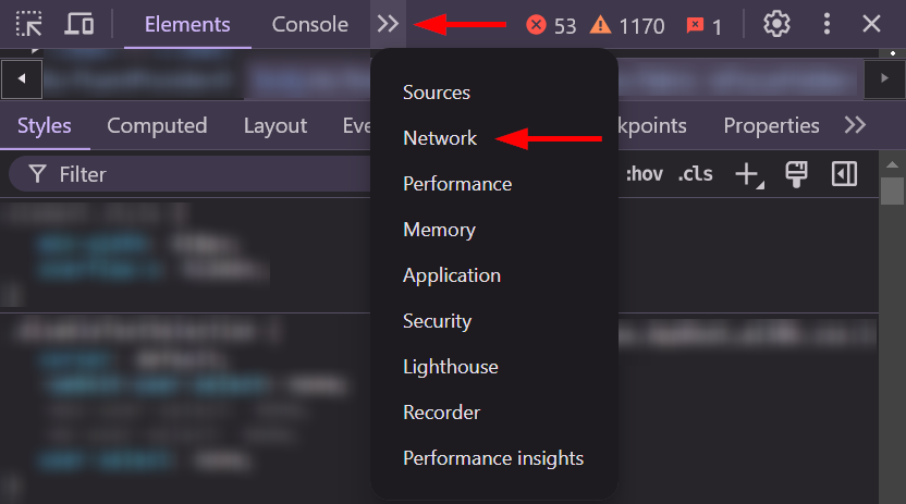 Screenshot showing the drop-down menu when clicking the two right arrows icon where the 'Network' option is highlighted