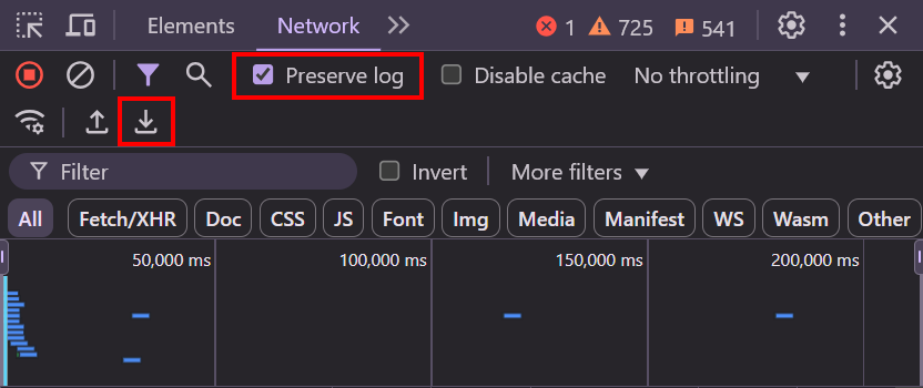 Screenshot showing the 'Preserve log' checkbox ticked and highlighting the 'Export' icon