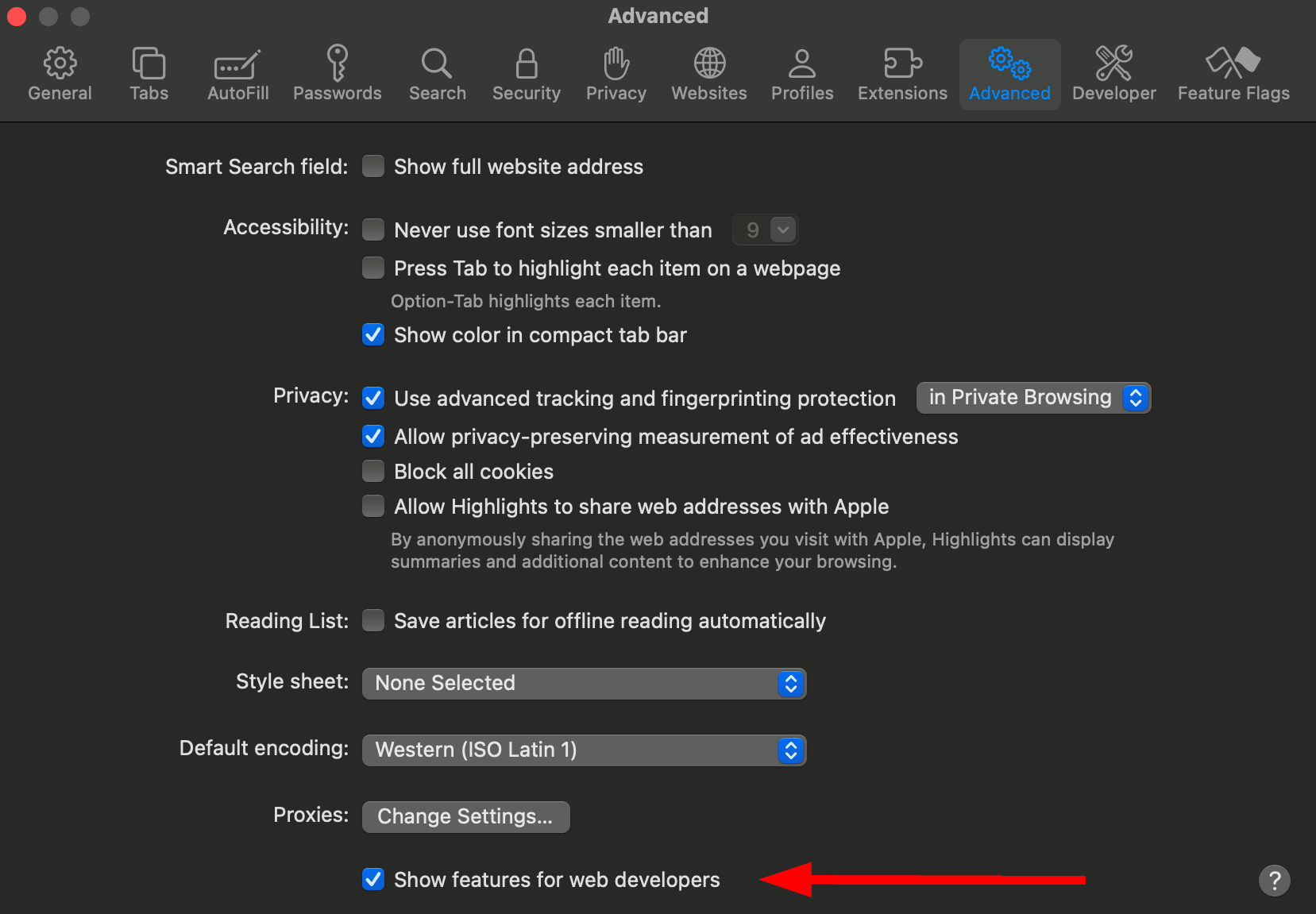 Screenshot showing Safari's 'Advanced' settings with 'Show features for web developers' checkbox ticked