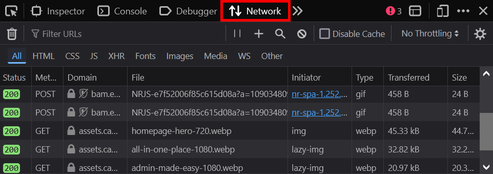 Screenshot showing Firefox DevTools highlighting the 'Network' tab