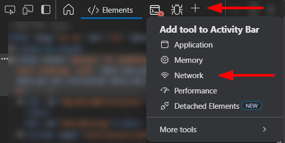 Screenshot showing the drop-down menu when clicking the plus sign icon where the 'Network' option is highlighted