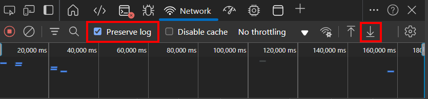 Screenshot showing the 'Preserve log' checkbox ticked and highlighting the 'Export' icon