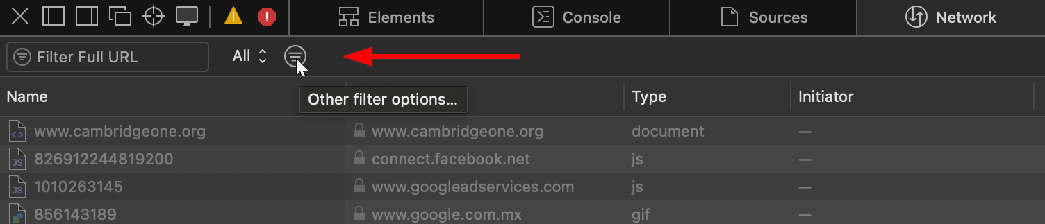 Screenshot pointing the 'Other filter options' icon in Safari's Web Inspector