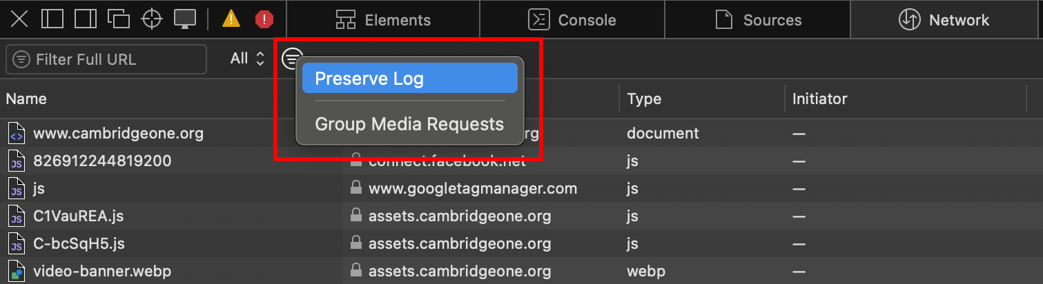 Screenshot highlighting the 'Preserve log' option from the drop-down menu