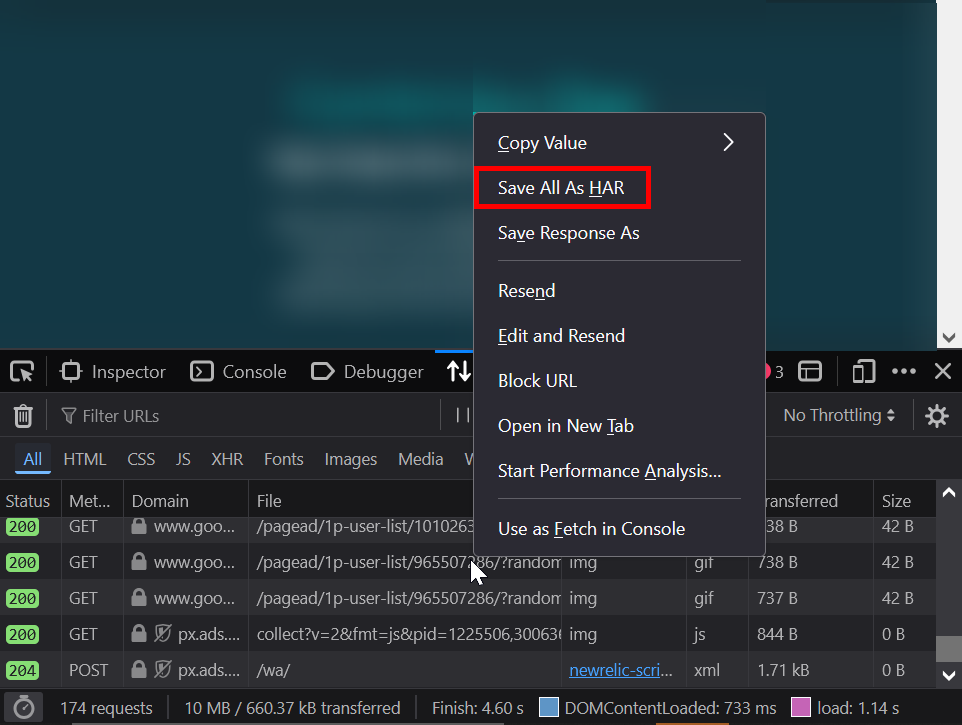 Screenshot showing the right-click menu in Firefox DevTools with 'Save all as HAR' option highlighted