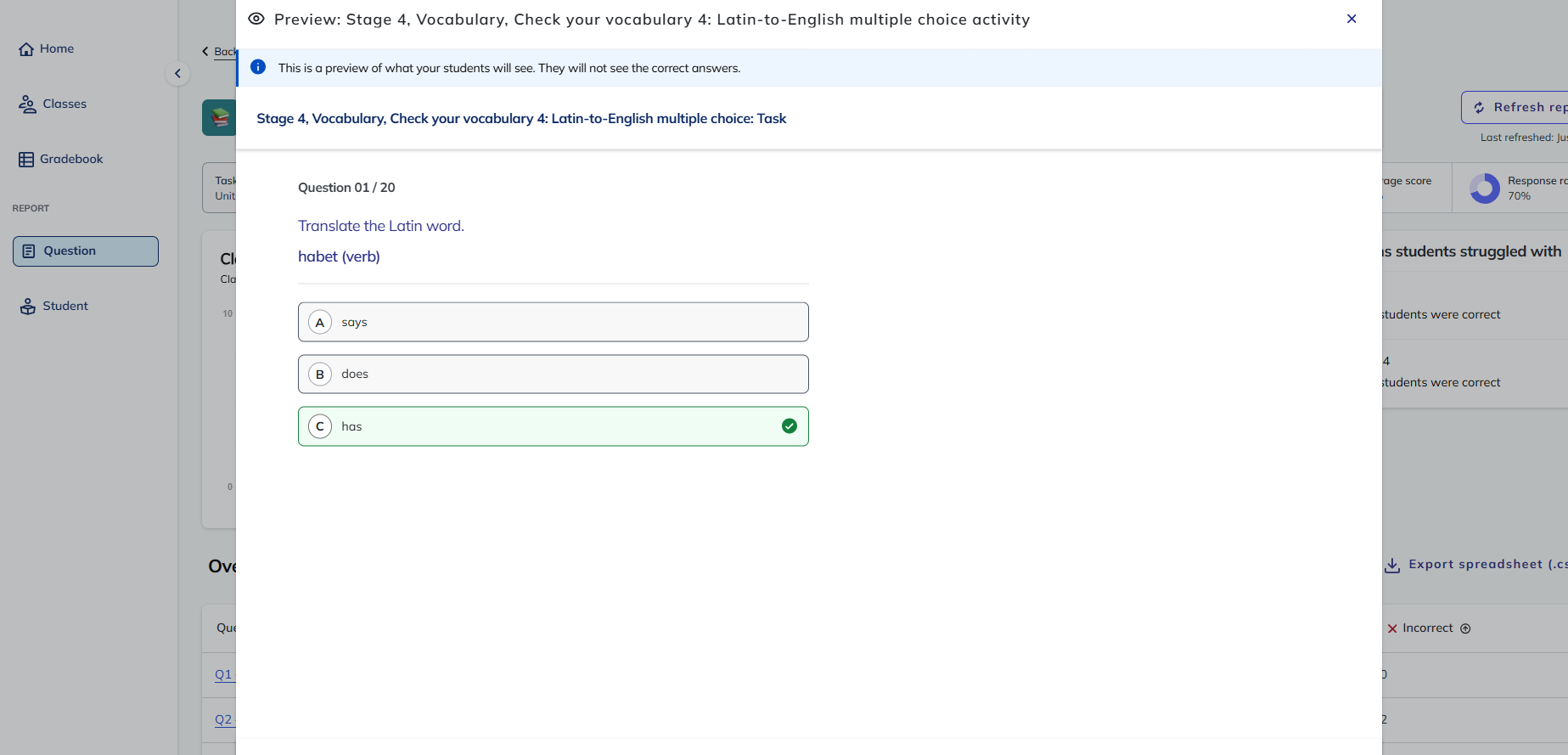 screenshot of Question report preview