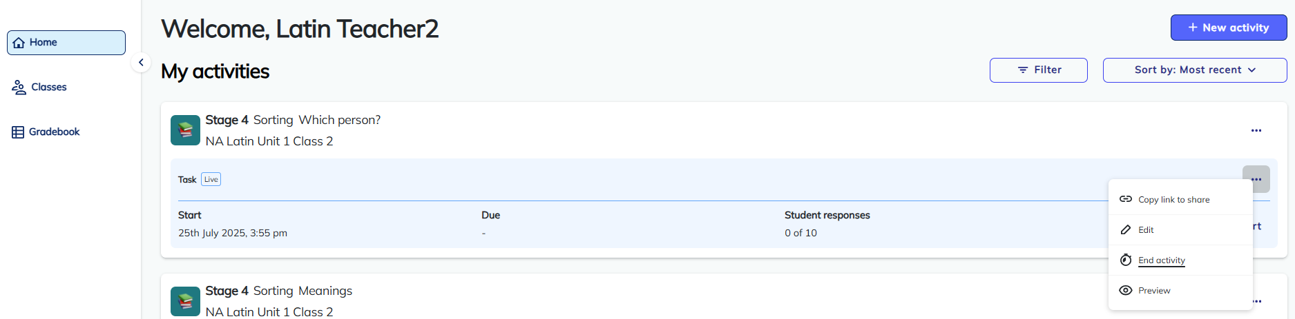 screenshot of Language activities end activity