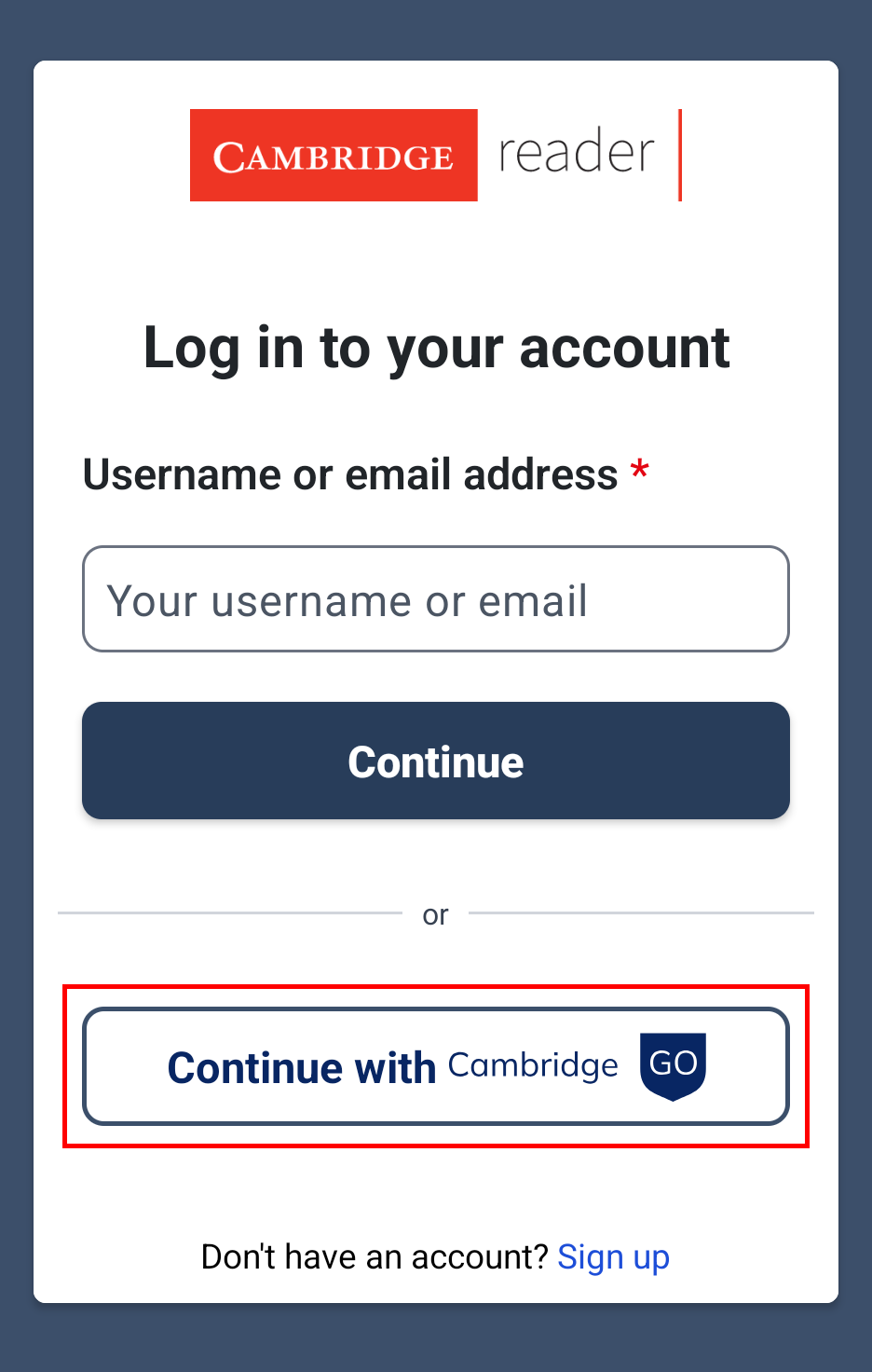 Screenshot of Continue with Cambridge GO button