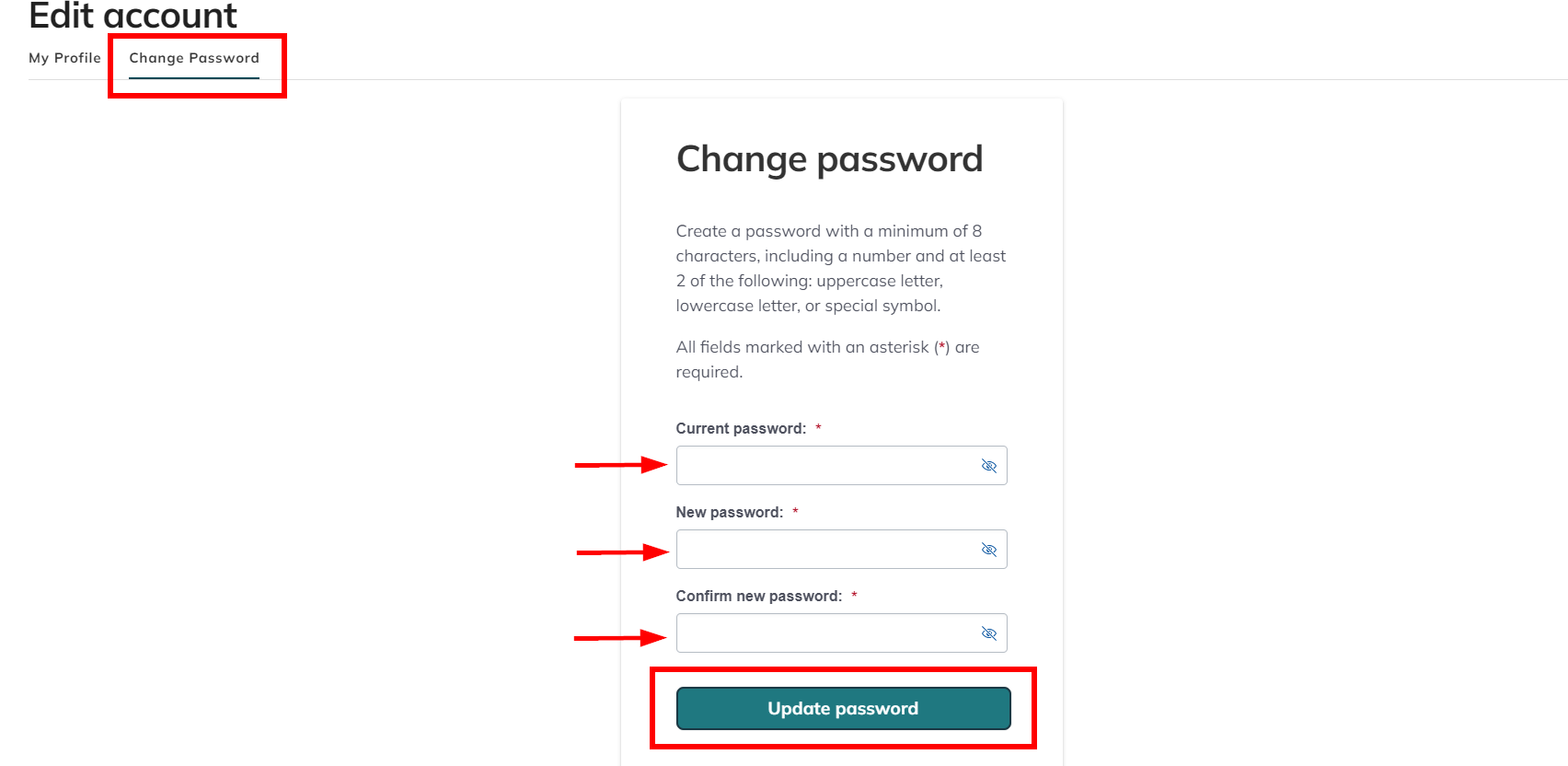 Screenshot highlighting the Change password tab and the information required to change password which is the current password, the new password and confirming the new password