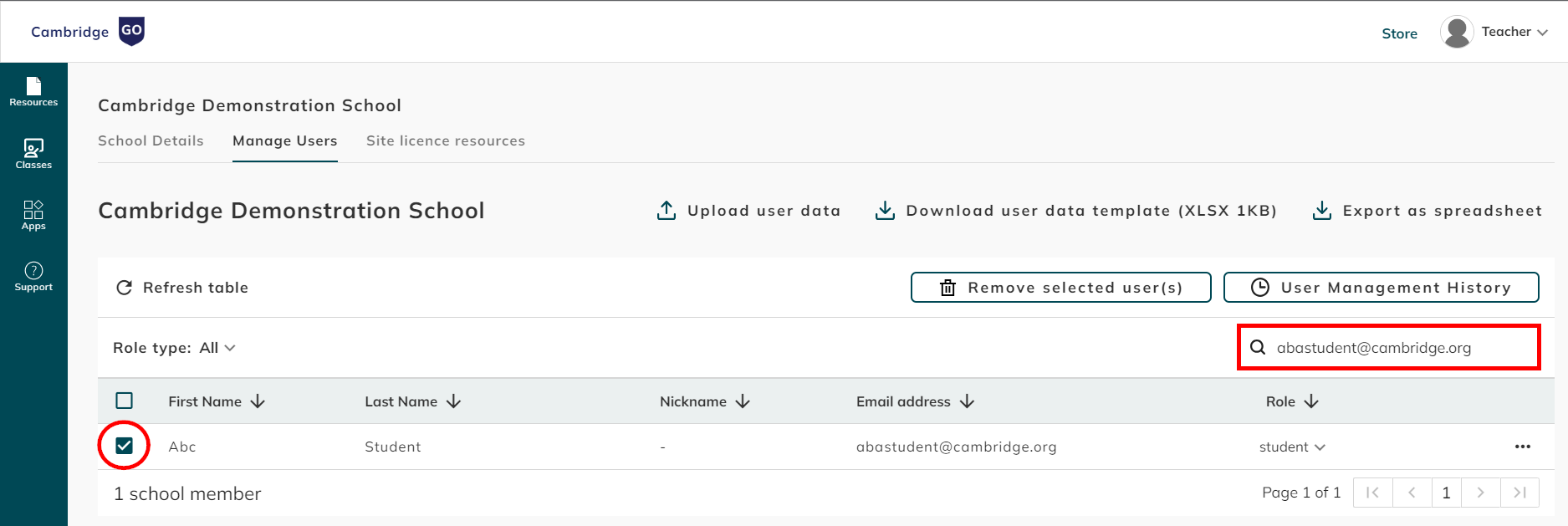 screenshot of Search for and select user