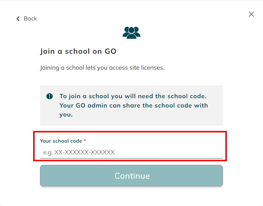screenshot of Enter your school code field