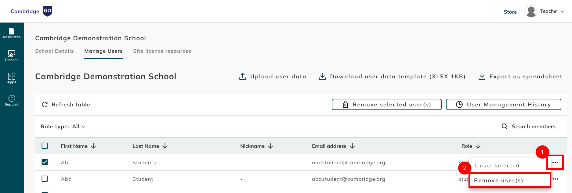 screenshot of Remove user option
