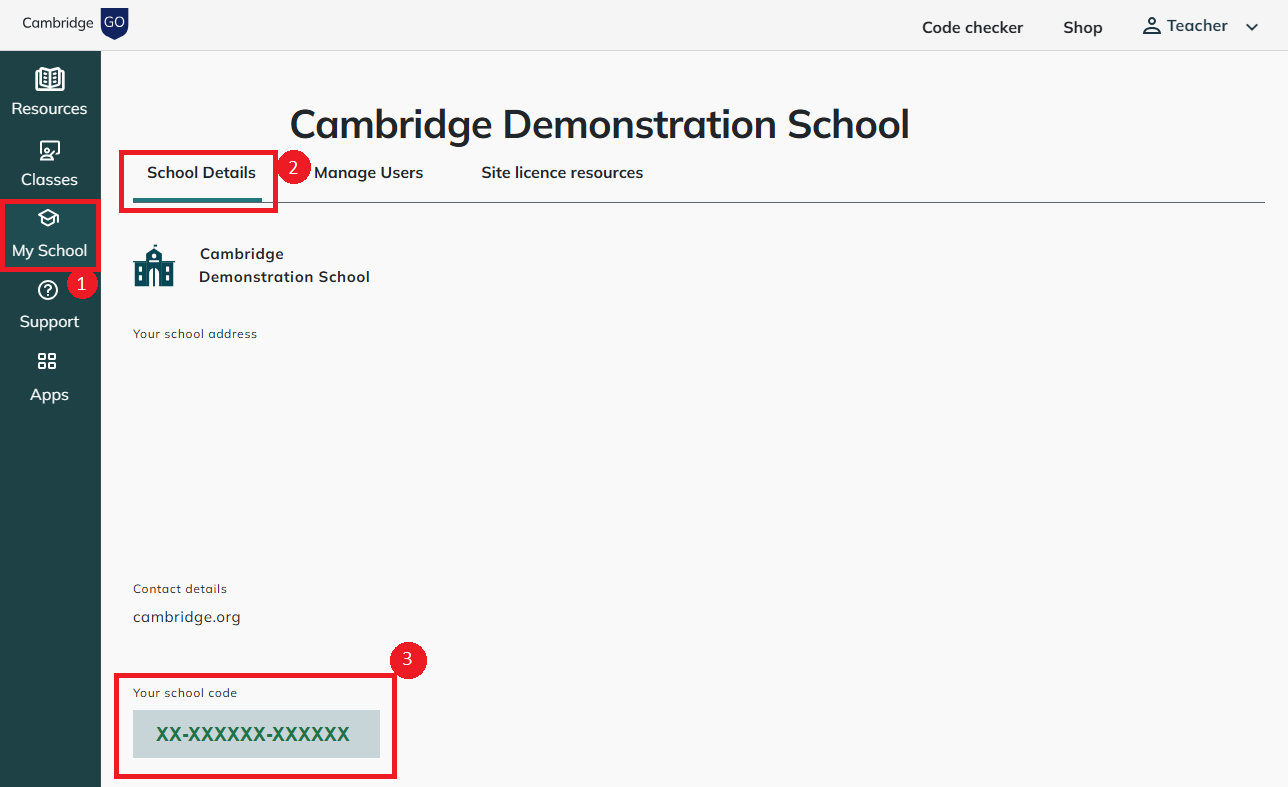 screenshot showing where to find School code in School Profile