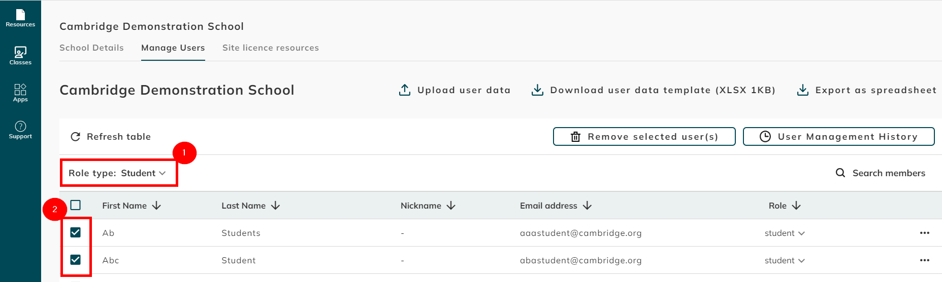 screenshot of how to select multiple students