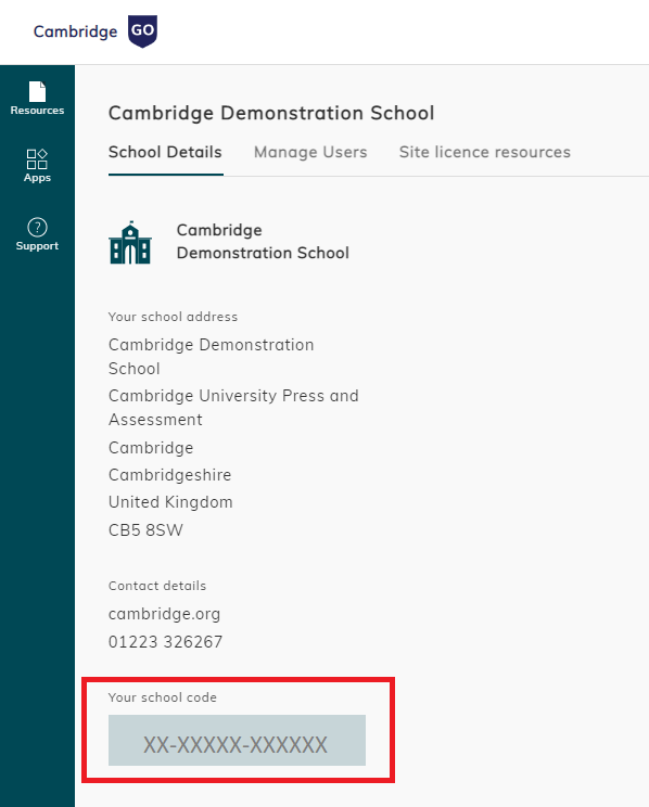 Screenshot showing school details and school joining code