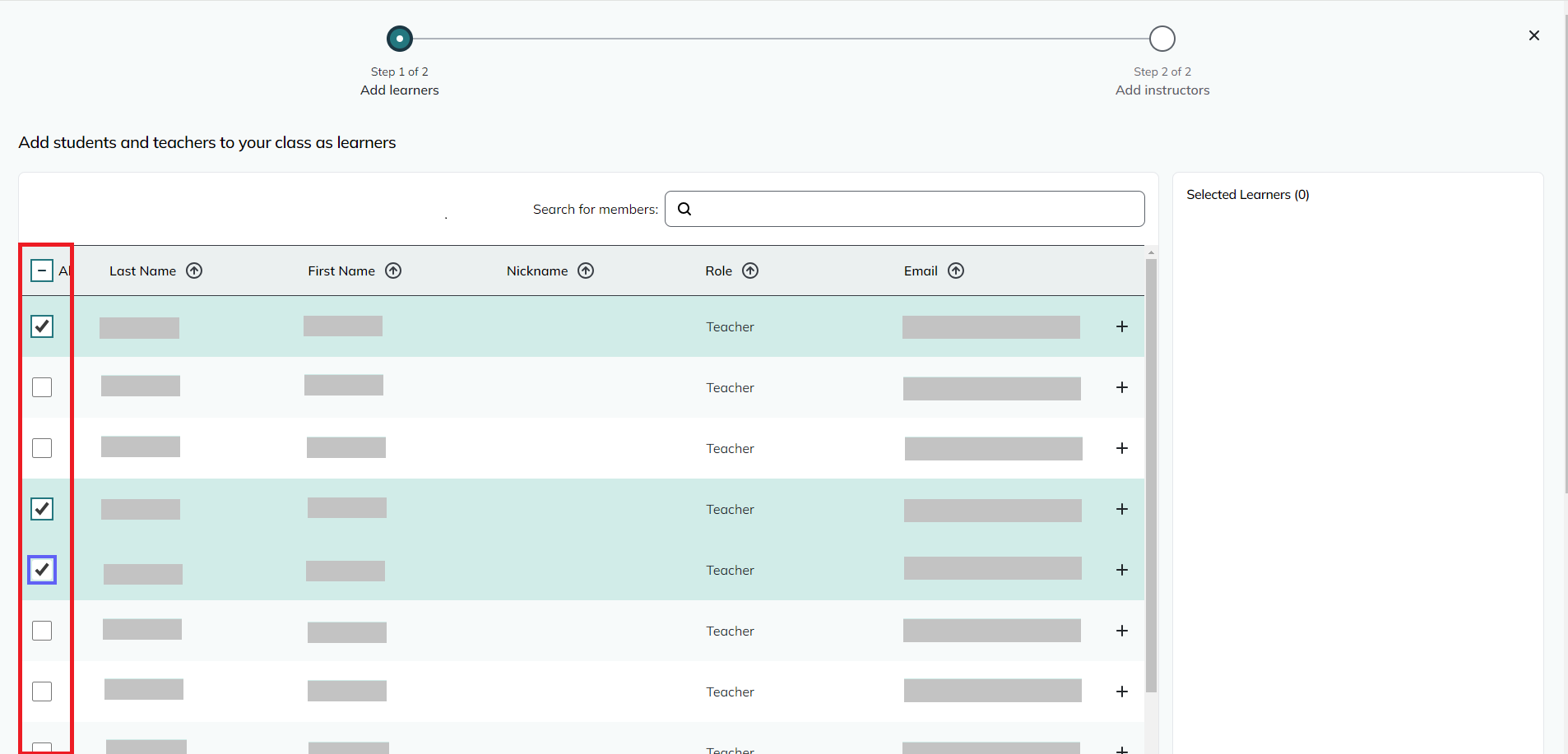 screenshot of add learners screen with tickboxes highlighted