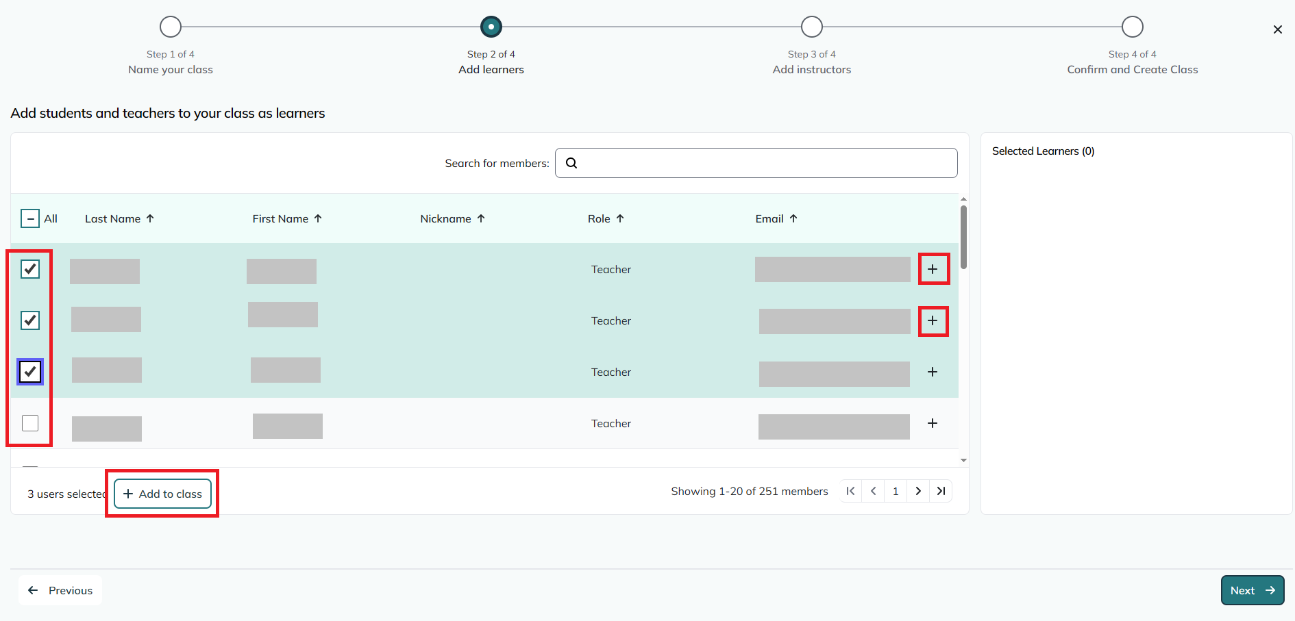 screen shot of GO classes add learners step 2